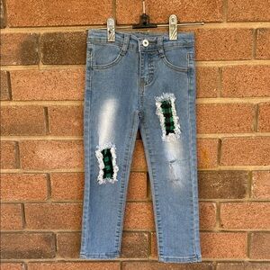 Stylish Blue Jeans with Green Plaid Patchwork Child Size Large